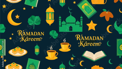 Celebrating Ramadan Kareem with traditional elements and festive symbols in a vibrant cultural illustration from a top-view perspective