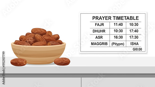 Almonds in a bowl on a table next to a prayer timetable illustration
