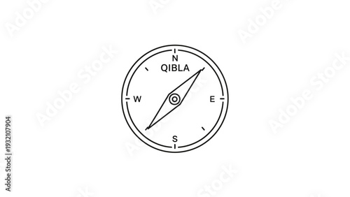 Illustration of a compass with direction indicator pointing towards Qibla, symbolizing navigation and orientation