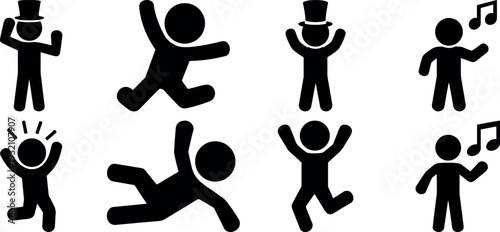 Stickman celebration dancing music party silhouette icon set, Human stick figure dancing singing activity vector symbol pack, Celebration party stickman silhouette action icon bundle