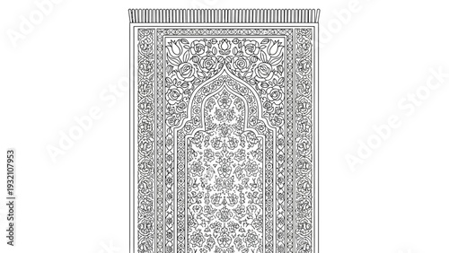 An intricately designed carpet showcasing floral patterns and architectural elements in a detailed monochrome illustration viewed from directly above.