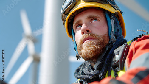 Wind turbine technician inspecting renewable energy equipment with safety gear in outdoor industrial setting