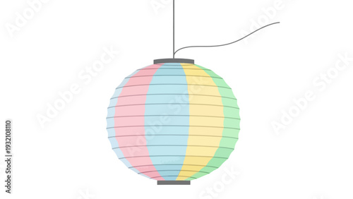 Colorful paper lantern hanging from a wire, suspended in mid-air, a symbol of celebration, often used in festive decorations