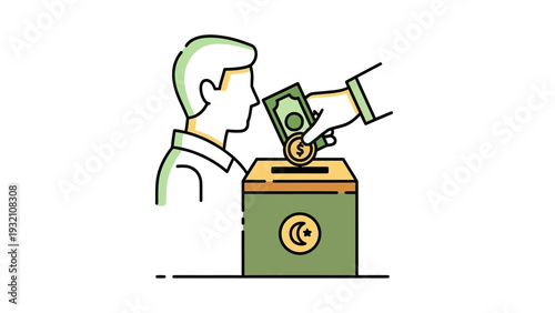A person depositing a banknote into a donation box, viewed from the side, in a simple illustration style