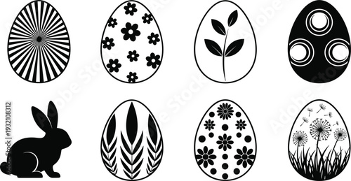 Collection of black and white easter-themed including eggs, flowers, and a rabbit