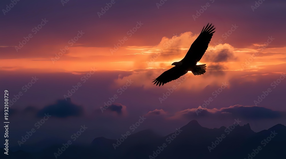 Naklejka premium Majestic eagle soaring above mountain peaks at dramatic sunset with purple and orange sky. Freedom and power concept for inspirational designs.