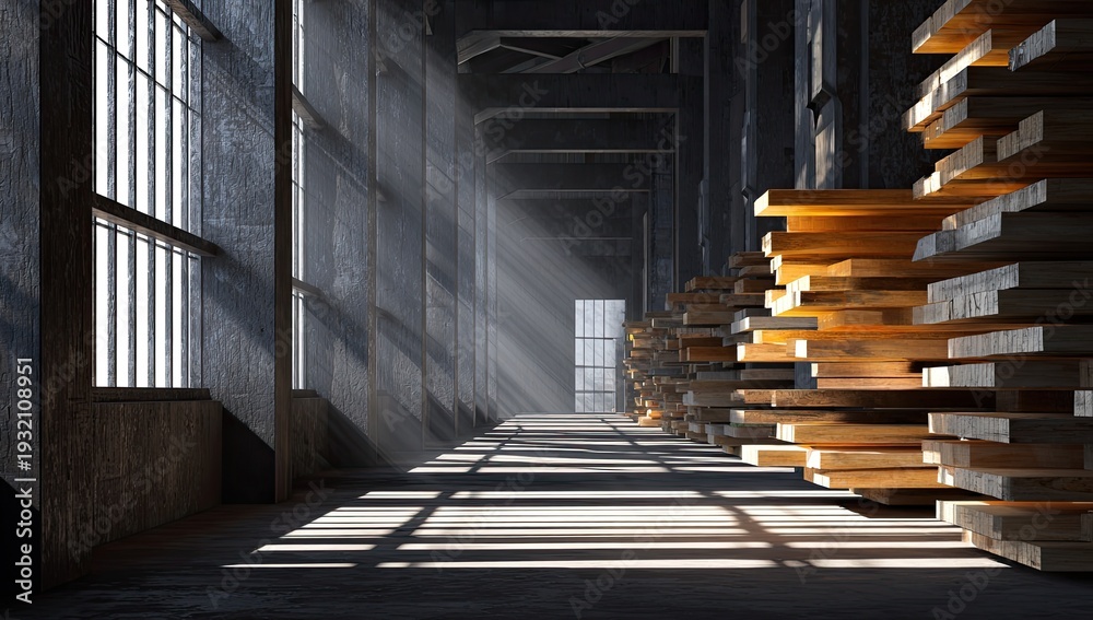 Obraz premium Sunlight Streams Through Warehouse Windows Illuminating Stacked Lumber.