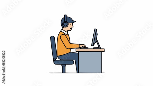 Man wearing headset sitting at desk.