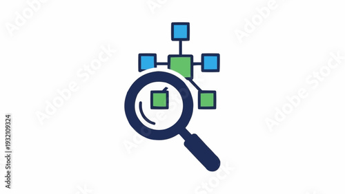 Magnifying glass with flow chart diagram.