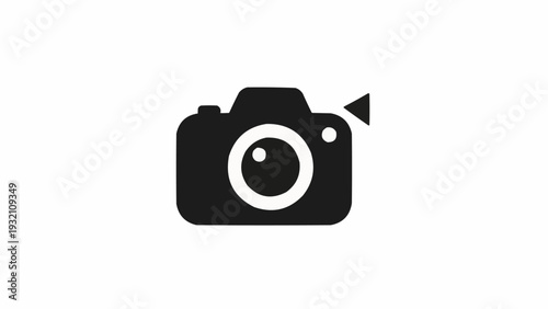 Black and white camera icon graphic.