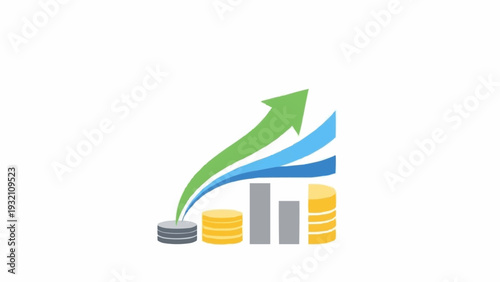 Financial growth chart with coins and arrow.