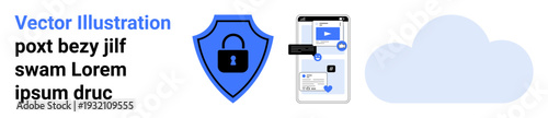 Data security, cloud computing, online protection, digital privacy, mobile data storage, secure access. Blue shield with a lock, smartphone graphic and cloud icon. Data security and cloud computing