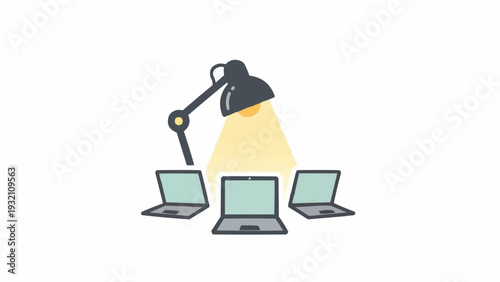 Desk Lamp Illuminating Three Laptops Brightly.