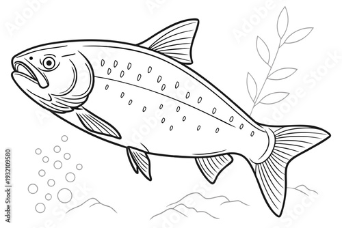 "Majestic Salmon Swimming Underwater: Detailed Fish Coloring Page for Kids"