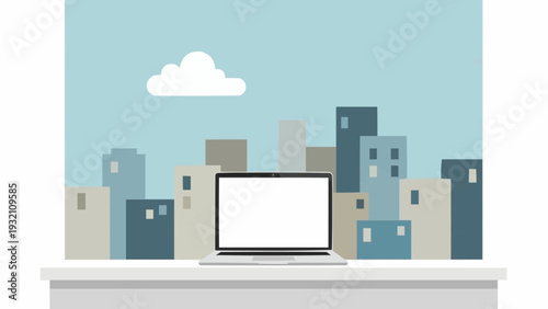 Laptop on desk with cityscape screen.