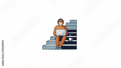 Woman Sitting on Staircase with Laptop Computer.