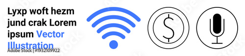 Wireless connectivity, financial technology, digital communication, audio services, internet access, modern devices. Simple wireless symbol, dollar sign and microphone icon. Wireless connectivity
