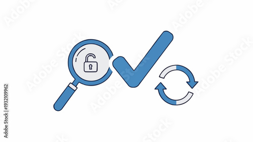 Security check mark and magnifying glass.
