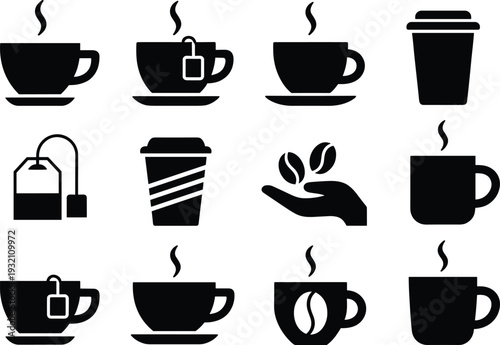 Coffee, cup, and, tea, icons, set, hot, beverage, collection, cafe, takeaway, mug, espresso, drink, silhouette, vector, isolated, symbols, menu, design