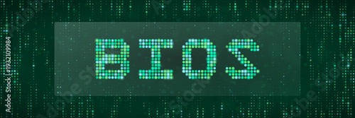 BIOS text on green digital matrix background for computer firmware security and system recovery