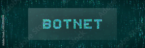 Digital Botnet text on pixelated background for IoT security and DDoS attack prevention