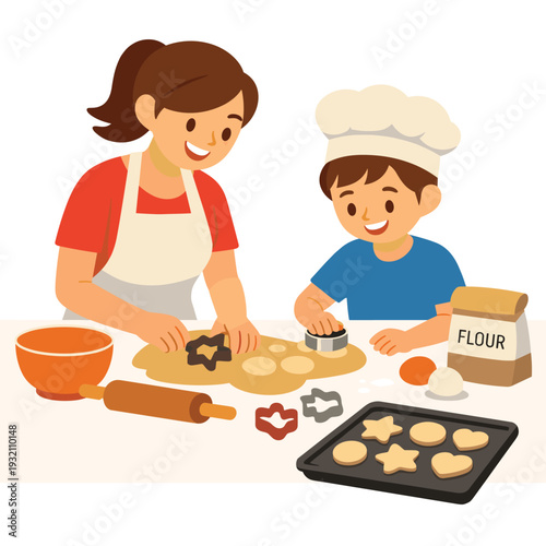 Mom and son enjoying cookie baking session