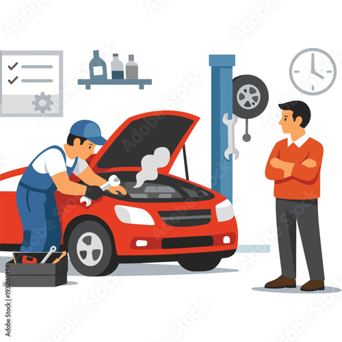 Car mechanic repairing vehicle in garage