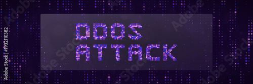 Cybersecurity DDoS Attack Concept with Digital Pixelated Text on Dark Purple Background