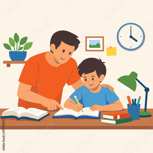 Father helping son with homework at desk