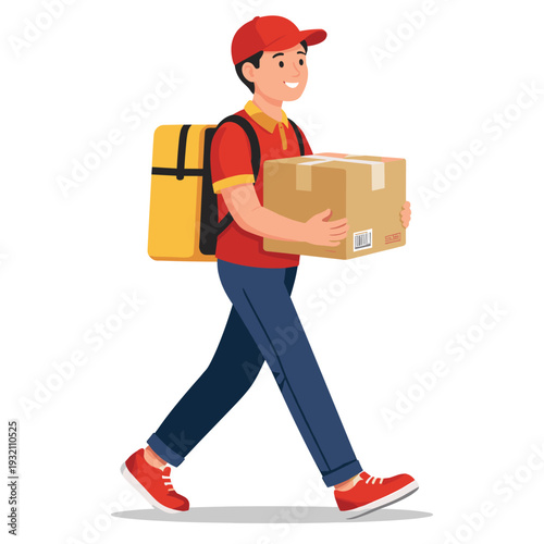 Delivery man carrying a package with a smile