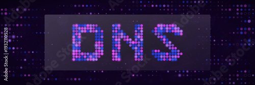 Encrypted DNS security concept with glowing purple and blue pixelated text on dark background