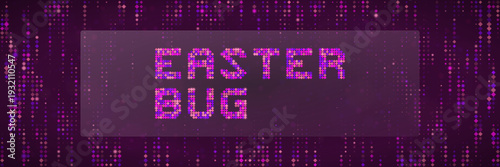 Cybersecurity software bug and hidden digital easter egg glitch on purple pixel background