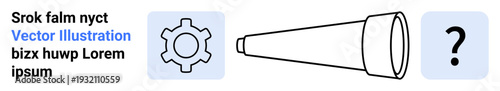 Gear for innovation, spyglass for vision, and a question mark for inquiry. Ideal for solutions, foresight, creativity, research, analysis, learning and simple landing page