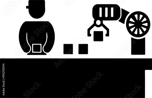 Human and robot arm working together on assembly line in smart factory, black and white icon.