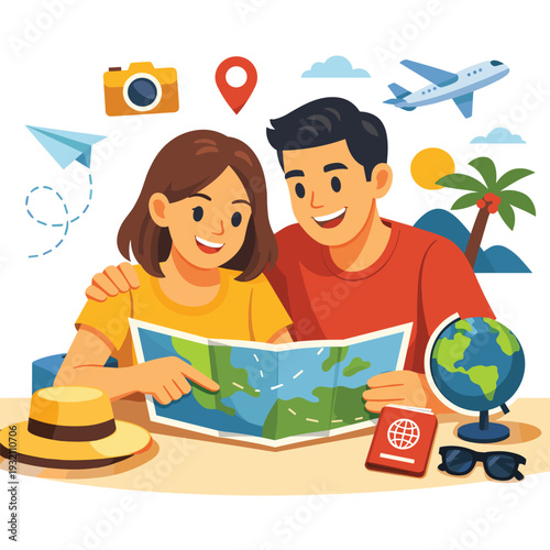 Traveling couple exploring destinations with a map