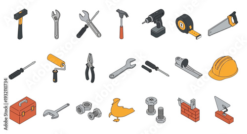 Bold Isometric Icons for Construction and DIY Workshop Tools