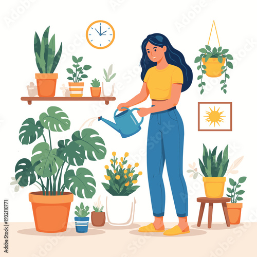 Woman watering indoor plants at home