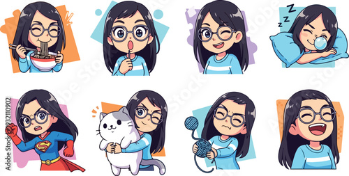 Set of 8 Cute Cartoon Girl Character Vector Illustrations with Various Emotions and Activities