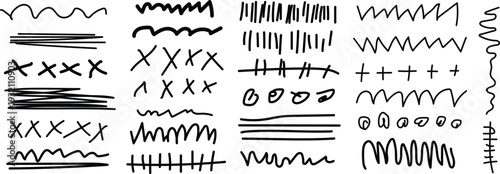 Hand Drawn Abstract Doodle Lines Set, Scribble Sketch Strokes, Wavy Zigzag Cross Hatch Brush Elements for Design Background Decoration Vector Collection