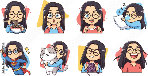 Set of 8 cute cartoon girl character vector illustrations with various emotions and activities