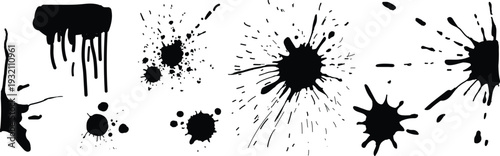 Black ink splatter collection, abstract paint splash blot drip stains set isolated on white background for grunge design elements