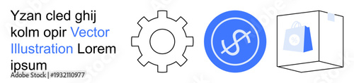 E-commerce, business development, online retail, digital payments, shopping, technology services. Icon set a gear, dollar symbol and shopping bag. E-commerce and online retail concept