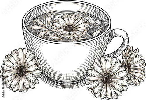 Chamomile Herbal Tea Cup Engraving Illustration with Daisy Flowers, Vintage Botanical Line Art, Natural Medicine Drink, and Organic Wellness Concept Design