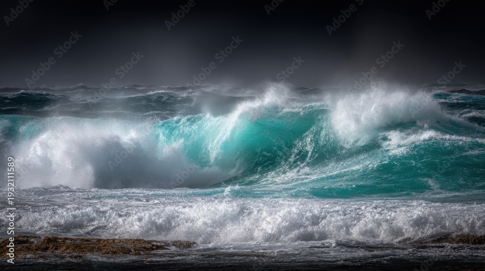 Obraz premium Massive Turquoise Ocean Wave Crashing with White Foam Under Dark Stormy Skies