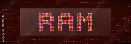 Glowing RAM text in pixel art style for computer memory and gaming hardware visualization