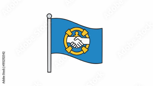Blue flag with handshake emblem.