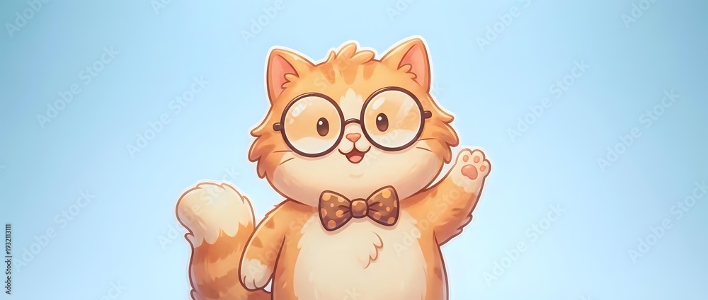 Naklejka premium Cute orange tabby cat character wearing glasses and bow tie waving hello on light blue background for children's books and educational materials.