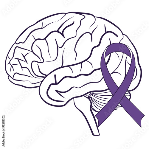 Purple awareness ribbon for neurological disorders symbol intertwined with detailed brain outline illustration on white background