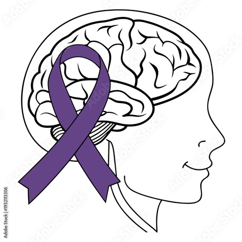 Profile silhouette of human head with detailed brain outline and purple awareness ribbon symbolizing neurological health support