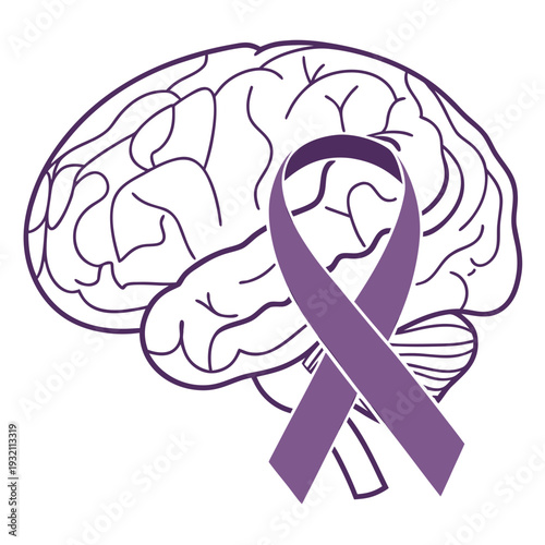 Purple awareness ribbon symbol integrated into detailed brain illustration for neurological health and medical support awareness